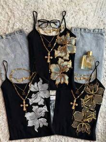3件套Y2K风格女士复古花卉刺绣亮片吊带无袖上衣，优雅适合外出、派对、夏季度假休闲穿着 - 彩色 - 查看 2