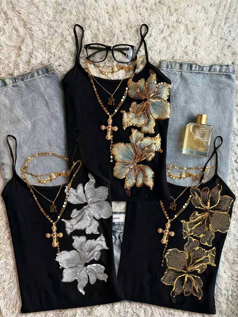 3件套Y2K风格女士复古花卉刺绣亮片吊带无袖上衣，优雅适合外出、派对、夏季度假休闲穿着