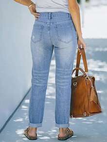 秋季女装休闲中腰修身破洞直筒牛仔裤 - 藏蓝色 - 查看 3