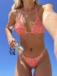 女士可爱橙色碎花挂脖比基尼套装，荷叶边装饰，侧系带，两件式泳衣 - 彩色 - 查看 5