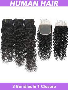 Tóc nối sóng nước 10A kèm khóa cài (16 18 20 +14) Tóc người Brazil nguyên chất, kiểu sóng nước, 3 bó kèm khóa cài ren 4x4 có tóc con, kiểu rẽ ngôi tự do 1B# Tóc nối sóng xoăn màu đen tự nhiên - Natural Black - Xem 3