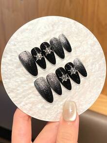 1 Pack/10 Pieces - Cool Starburst Pointed Nail Patch - Black Sparkling Gradient+Metal Adorned Gemstones - Handmade - Black - View 7