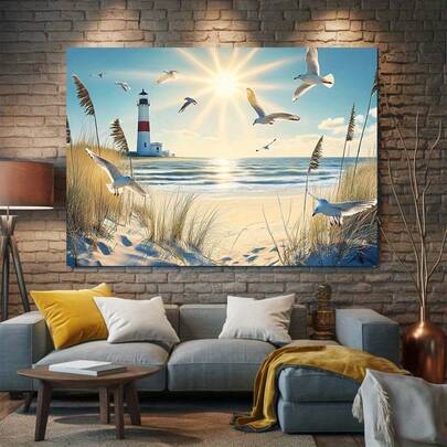 Bandera de fiesta de poliéster con faro y gaviota de la - Decoración de pared con escena de playa vibrante, adecuada para el hogar, la habitación y la decoración de eventos, perfecta para fondos fotográficos y suministros para fiestas, decoración del hogar de temporada | Arte de pared tranquilo | Accesorios de fiesta ligeros, decoraciones con tema de playa