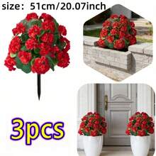 3件套 = 9朵人造天竺葵花，带支架，复古风格，适用于花园和室内装饰 - 紅色 - 查看 8