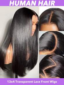 22英寸蕾丝前假发，真人发，预先拔毛，带婴儿发，150密度，真人发假发，直发，13x4透明蕾丝前假发，自然黑色，女士款（8-24 26 28 30英寸） - Natural Black - 查看 9