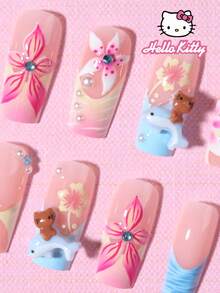 SANRIO 24片Y2K中号方形3D法式美甲贴片 - 可爱3D花朵装饰，饰以彩色珍珠和水钻，完美适配亚克力假指甲套装。适合日常派对和聚会使用。 - 彩色 - 查看 4