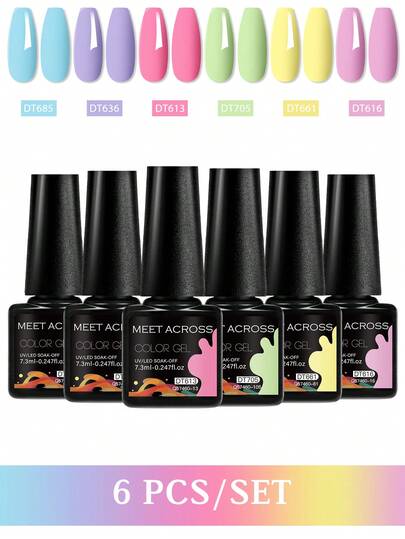 MEET ACROSS 6支装7.3毫升马卡龙色凝胶指甲油套装，不含HEMA和TPO，半永久性可卸UV凝胶指甲油，适合夏季美甲，持久耐用，不含铅，可用于DIY美甲设计，所有产品均可用于装饰，美甲沙龙和家庭美甲用品套装
