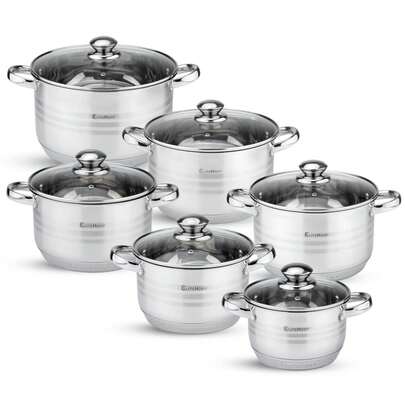 EliteHoff 12-teiliges Induktionskochgeschirr-Set, 7-lagiger Edelstahl-Töpfe, 6 Kochgeschirr-Sets mit Deckeln für Induktion und alle Herdarten. Ein komplettes Kochgeschirr-Set für jedes Gericht: Dieses Set beinhaltet 6 Töpfe mit passenden Glasdeckeln in den Größen: 26 cm (8,2 l), 24 cm (6,6 l), 22 cm (5,1 l), 20 cm (4 l), 18 cm (3 l) und 16 cm (2,1 l).