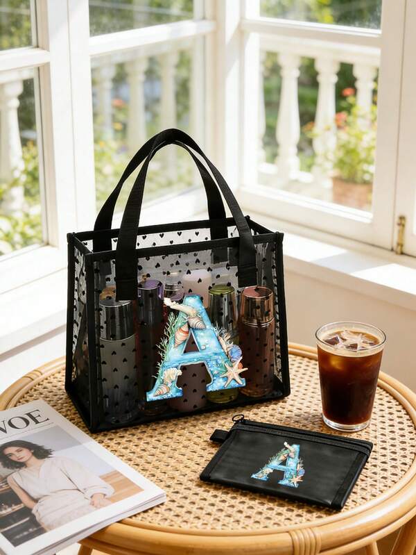 2pcs/Set Mesh Beach Tote Bag Set With Makeup Pouch For Women, Printed With Seashell Ocean-Themed Initials A-Z, Lightweight Sandproof Beach Bag, Durable Pool Travel Bag For Summer Vacations, Ideal For Beach, Pool, Travel, And Daily Essentials, Black Transparent Mesh Double Handle Handbag, Vacation Mesh Bag