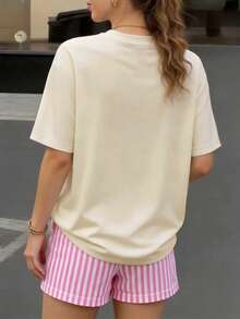 加大码短袖圆领T恤，印有趣味香蕉图案，高弹力常规版型，夏季舒适休闲之选 - 杏色 - 查看 2