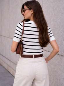 Women's Striped Modal Knit Blouse With Short Sleeves - 2026  - Versatile, Modern, Premium - 白色條紋 - 查看 2