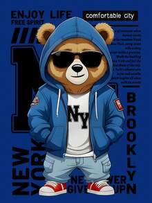 青少年男孩泰迪熊及标语印花圆领短袖T恤，新款春夏男童图案T恤 - 藍色 - 查看 4