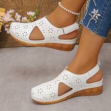 Fashion Casual Sandals, Hollow Hook And Loop Breathable Strap Wedge Heel, Closed Toe Stitching Slip-On Beach Platform Sandals For Women - White - View 4