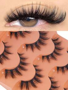 5 Pairs Fluffy Cartoon Style False Eyelashes, Natural Cat Eye Design, Faux Mink, Wispy Lash Strips - View 7