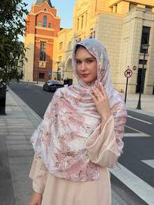 1件装女士印花金箔透气头巾，优雅女士印花编织花卉披肩，日常装饰围巾，沙滩，假日 - 粉色 - 查看 5