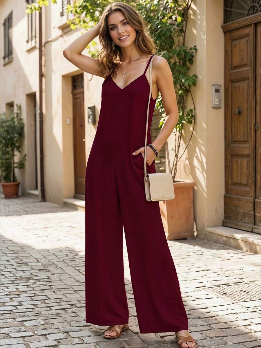 Women's Spring Summer Sexy Solid Straps Elephant Leg Jumpsuit - Vino - View 1