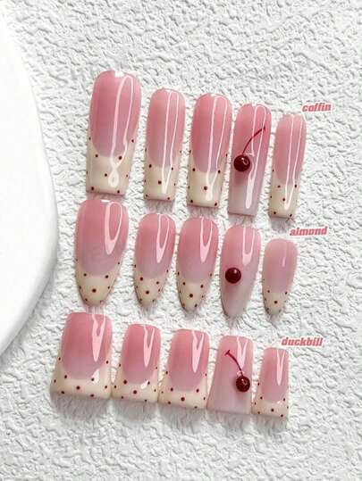 10-Piece Simple And Cute Handmade Nail Art Set, Polka Dot Nail Art Decoration, Nude Pink Base Press-On Nail Tips, Naive And Cute Small Cherry Nail Art Accessories, Soft Goose Yellow Gel Nail Tips, Three Sizes Available: Almond, Duckbill, Coffin Nail Tips, Includes Tool Kit (1 Jelly Sticker + 1 Nail File), Suitable For Women And Girls, Can Be Used For Going Out, Taking Photos, Dating, Parties, Daily Wear And Other Occasions.