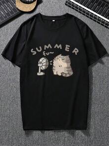 Lornexis Camiseta casual de verano para hombre con cuello redondo estampado de gato animado, suelta y con mangas caídas en el hombro - Negro - Ver 5
