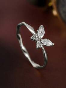 Flyleaf 1pc Luxury 925 Sterling Silver Plated White Gold Twisted Butterfly Ring, Suitable For Daily Wear, Premium Jewelry Gift - Silver - View 10