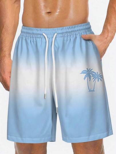 男士夏季夏威夷椰子树渐变艺术图案3D数码印花休闲日常度假抽绳沙滩短裤，单层无内衬