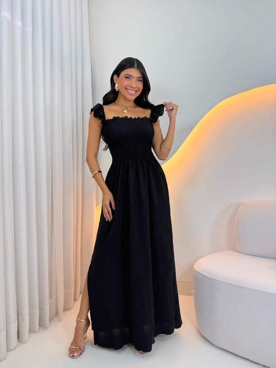 Women's Casual Long Dress With Elastic Straps And Slit - Inexpensive With Elastane - màu đen - Xem 1