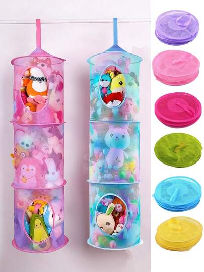 三层悬挂式网格收纳架 | 可堆叠开放式笼架，多功能圆柱形娃娃吊床，涤纶材质，适用于毛绒娃娃收纳、内衣晾干篮、复古风格悬挂篮、置物篮