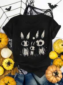 OVERSIZE Rabbit Family Cartoon Print Single Piece Multi-Color Women's Short Sleeve Stretch Top - màu đen - Xem 8