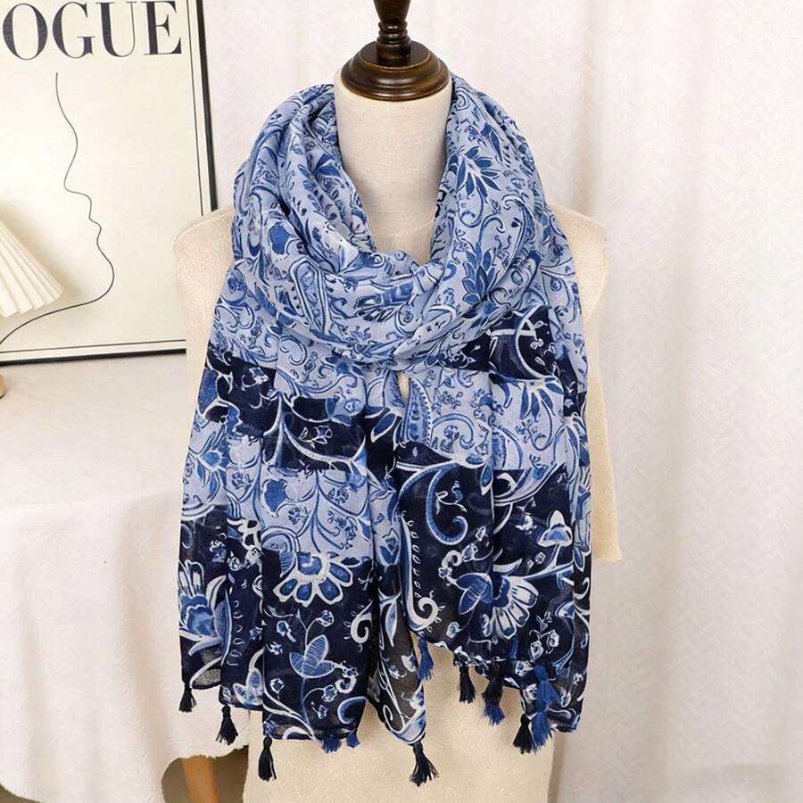 1 chiếc khăn choàng in họa tiết đơn giản, nhẹ, thoáng khí, có tua rua, kiểu dáng thanh lịch, khăn lụa thời trang dành cho nữ, thích hợp cho mùa xuân/hè, khăn trùm đầu đa năng, khăn mang phong cách cổ điển nghệ thuật, khăn lụa mỏng chống nắng khi đi du lịch, phụ kiện chụp ảnh, đi biển, đi nghỉ mát. - Màu xanh hải quân - Xem 1