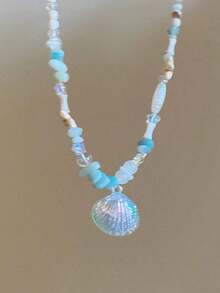 1pc Dopamine Necklace With Ocean Blue Seashell, Starfish, Pearl Beads, Random Beach Holiday Jewelry Gift For Women - 彩色貝殼項鍊 - 查看 3