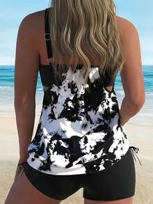Bộ đồ bơi nữ 2 món, kiểu dáng che phủ toàn thân, dây đeo có thể điều chỉnh, phần vai và lưng khoét hở, quần bơi in họa tiết, thanh lịch và gợi cảm, phong cách nghỉ dưỡng Hawaii, thích hợp cho kỳ nghỉ hè trên bãi biển. - Đen và trắng - Xem 2