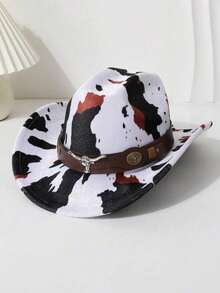 1pc Unisex Polyester Cow Print Cowboy Hat - Leather Rivet Bull Head Decor, Perfect For Horse Riding, Outdoor Travel, Cowboy Party, And Daily Wear - Multicolor - View 6