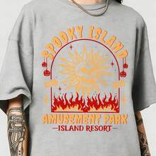Spooky Island Amusement Park T-Shirt, Retro 2000s Halloween Movie Shirt, Disco Skull, Summer Spooky T-Shirt, 90s Nostalgia Halloween Tee For Halloween-Motion Tee - 淺灰色 - 查看 5
