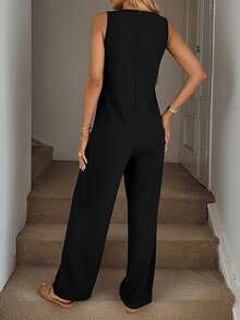 女士纯色休闲舒适前扣无袖连体裤，夏季黑色 - 黑色 - 查看 3