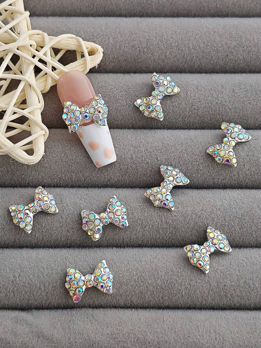5 chiếc nơ hợp kim đính đá AB, phụ kiện trang trí móng tay hình nơ 3D lấp lánh, đồ trang trí móng tay tự làm. - Bạc - Xem 1