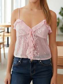 Camiseta sin mangas para mujer, elegante, con lentejuelas, escote en V y tirantes finos. - Rosa - Ver 6
