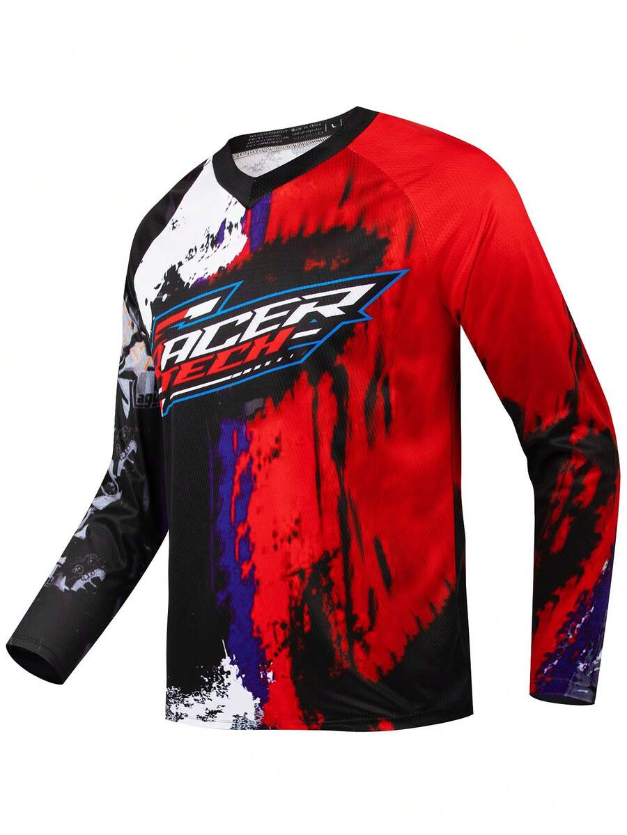 TELEYI Men's Red Purple Splash Ink Racer Letter Print Long Sleeve MTB Motocross Jersey Quick Dry Mesh Downhill Off-Road Bike Racing Athletic Top Sports - Black - View 1