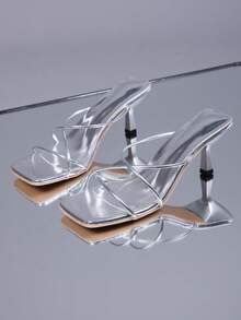 1 Pair Plus Size Silver High Heel Sandals For Teenage Girls, Solid Color Soft Criss-Cross Strap, Square Toe Stiletto Heel, Casual Beach Wedge Slippers, Suitable For Daily, Vacation, Spring/Summer - Silver - View 5