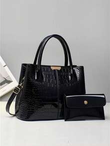 新款时尚女士母女包套装，亮面鳄鱼纹压花皮革大容量手提包 - 紫色 - 查看 8