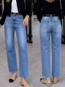 Women's Elastic Straight-Leg Jeans, High-Waisted Light Wash Loose Fit, Casual Streetwear Daily Wear Spring - Baby Blue - View 2