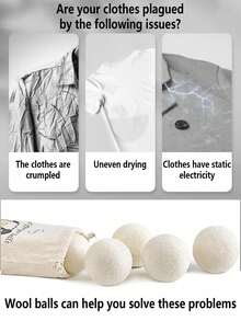 Bộ 3/6 quả cầu sấy khô bằng len tái sử dụng - Dùng cho máy giặt và vải gia dụng, có thể thay thế nước xả vải, giảm nhăn và tĩnh điện. - Trắng - Xem 4