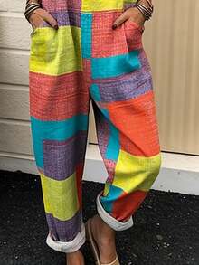Colorful Square Patchwork All-Over Print Women's Adjustable Strap Jumpsuit, Polyester Fiber Fabric, Lightweight And Breathable, Women's Clothing, Standard Size Jumpsuit, Plus Size Women's Clothing, Plus Size Jumpsuit And Romper, Plus Size Jumpsuit - 彩色 - 查看 2