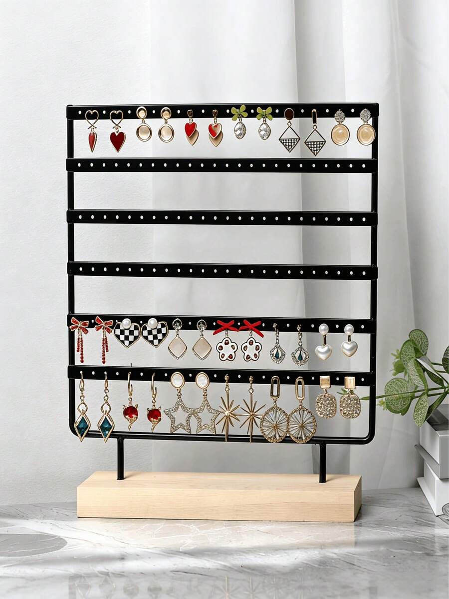 1pc Metal Jewelry Display Stand With Multi-Hole Walnut Color Base, 6-Tier Earring & Stud Holder, Jewelry Store Live Stream Booth Home Decor Display Prop