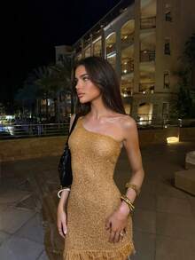 2026 Spring/Summer New Khaki Asymmetric Shoulder Knit Bodycon Dress With Tassel Trim, Showcasing Relaxed Sweet Vibe. Suitable For Women To Wear In Spring/Summer, Beach Vacation, Romantic Date, Party, Street, Casual Daily - Khaki - View 7