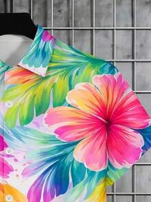 Vibrant Tropical Hibiscus Flowers Symbolize Joy Freedom And Summer Vitality Across Radiant Pink Orange And Green Leaves 3D Print Men Short Sleeve Button Up Shirt Casual Beach Style - 白色 - 查看 3