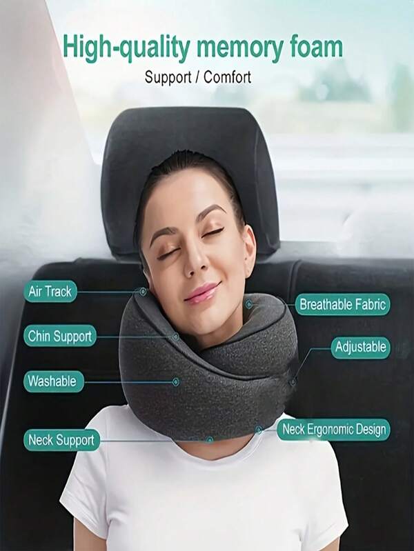 1 pieza Almohada en forma de U de espuma de memoria, puede almacenar almohada en forma de U, almohada de cuello, almohada de viaje, almohada de protección cervical. Estilo de élite empresarial, unicolor minimalista, estilo casual, efecto terapéutico, decoración del hogar, espuma de memoria de rebote lento, espuma de memoria de presión cero, espuma de memoria de gel, espuma de memoria cálida.
