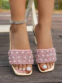 女士平底方头凉鞋，多巴胺色混搭，休闲舒适室内外两用拖鞋，慵懒度假沙滩人字拖 - 淺粉色 - 查看 4