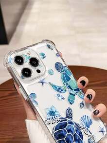 1pc TPU Material Ocean Element Sea Turtle, Starfish, Flower, Shell Pattern Shockproof Transparent Phone Case, Suitable For IPhone 16/16 Pro Max/15 Plus/14/13/12/11/7/8 - Clear - View 5