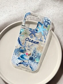 1个装防震手机壳，简约海洋元素设计 - 海豚、海星、帆船，透明材质，带大摄像头开孔，适用于 17 Air/17 Pro Max/17/16 Plus/15/14/13/12/11/XS Max/XR/7/8 - 彩色 - 查看 1