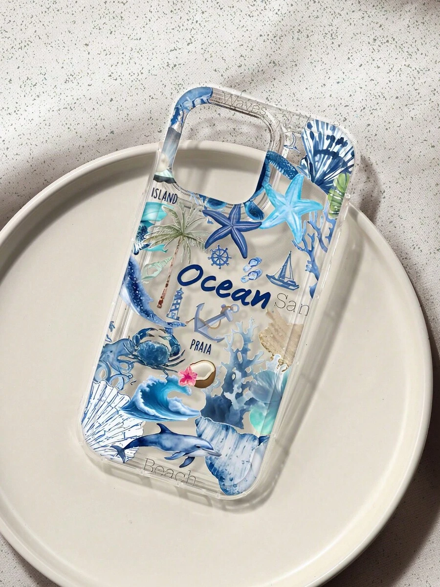 1个装防震手机壳,简约海洋元素设计 - 海豚、海星、帆船,透明材质,带大摄像头开孔,适用于 17 Air/17 Pro Max/17/16 Plus/15/14/13/12/11/XS Max/XR/7/8 - 彩色 - 查看 1