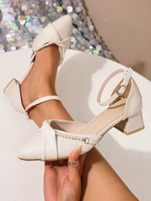 女士米色高跟凉鞋，时尚珍珠装饰优雅粗跟闭趾露跟凉鞋，尖头单带镂空凉鞋，米色高跟凉鞋，适合搭配连衣裙、旗袍、舞蹈服 - 米色 - 查看 2